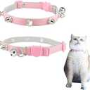 Spiked Cat Collar with Bells, Breakaway Genuine Leather Protective Collar for Kitty, Studs Spikes Punk Style Adjustable for Girl Boy Kittens Small Bunny Rabbit, 8"-9.5" Pink