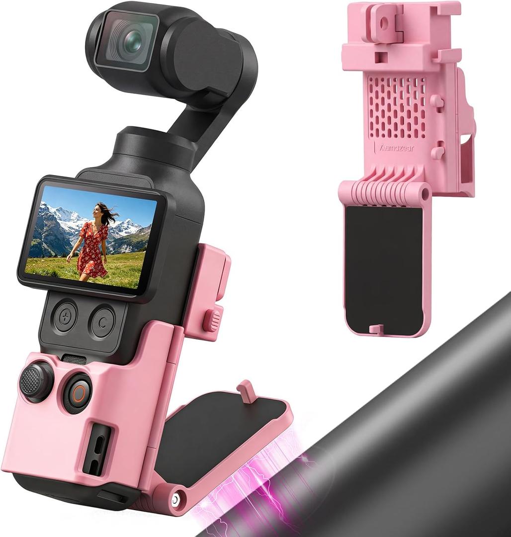 AMAZEAR Magnetic Mount Stand Compatible with DJI Osmo Pocket 4/3/Xtra Muse, Pocket4 Accessories Adapter Clamp Magnet Suction Case Holder on Desktop/Vertical Surface, 180 Adjustable Handle, Pink