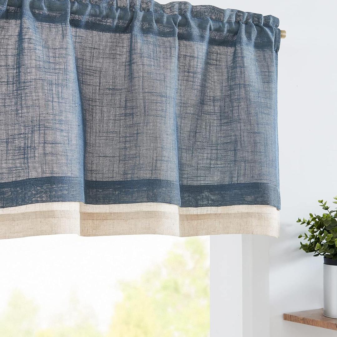 jinchan Linen Farmhouse Valances for Living Room Windows 16 Inch Slubbed Crossed Double Layer Window Valances Light Filtering Rustic Country Overlay Rod Pocket 2 Panels Navy Blue