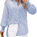 siliteelon Blue Striped Button Down Shirts for Women Long Sleeve Blouses Collared Smocked Cuff Boyfriend Plus Size Business Casual Tops with Pocket (White, L)