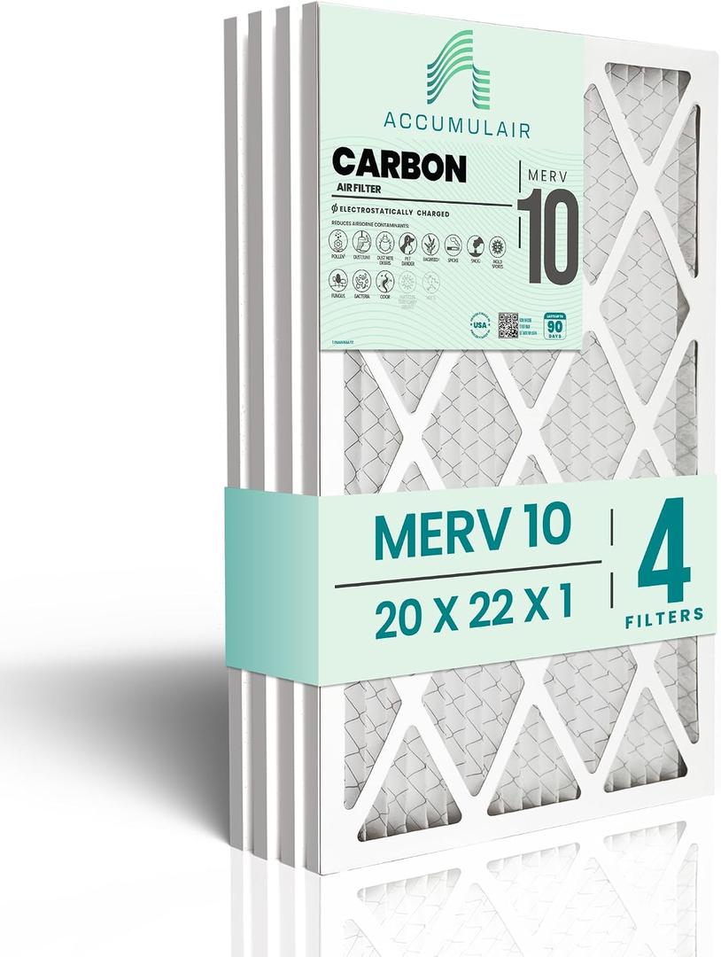 Accumulair Carbon 20x22x1 MERV 10 HVAC Air Filter (4-Pack) | Replacement Air Filter for AC and Furnace | Made in USA | Actual Size 19.75 x 21.75 x 0.75