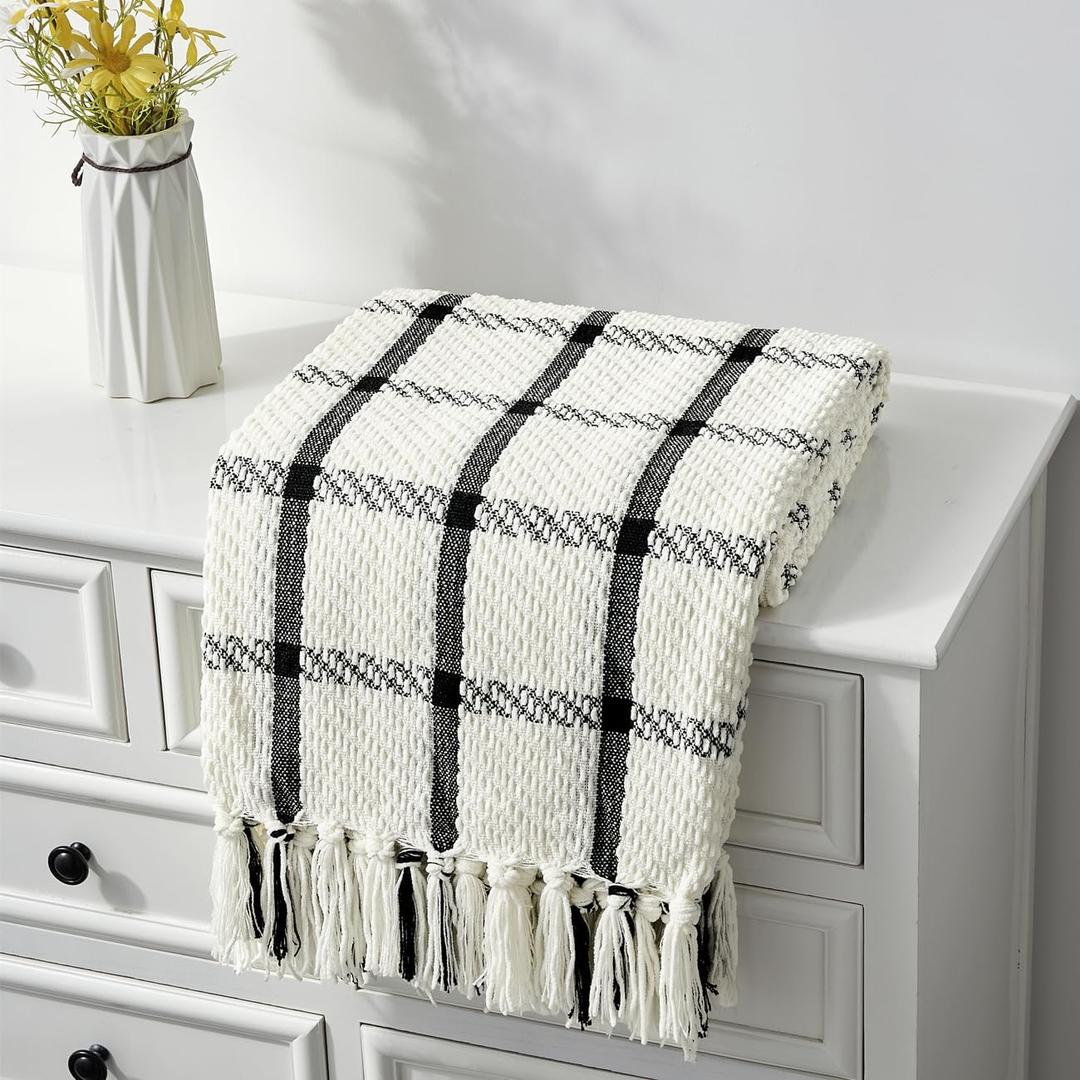 CREVENT 50"X60" Farmhouse Breathable Soft and Warm Chenille Plaid Throw Blanket for Sofa Couch Bed, Home Decoration Throw with Tassles (Black & White)