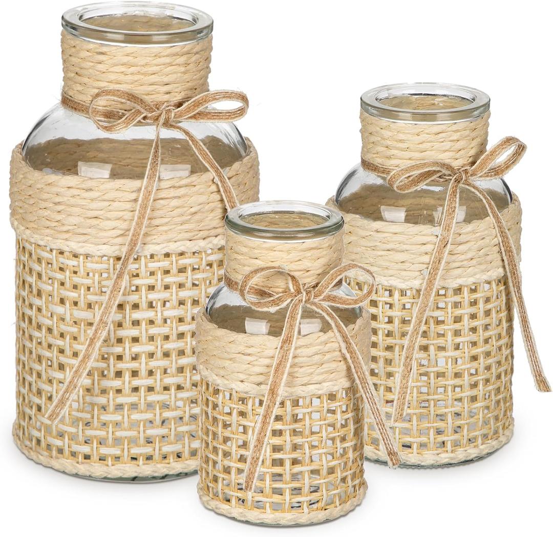 Hollyone 3Pcs Flower Vase Glass Vase with Cotton Rope Cover Woven Glass Vase Decorative Flower Bottle Modern Vase for Table Centerpiece Farmhouse Wedding Home Decor (Beige)