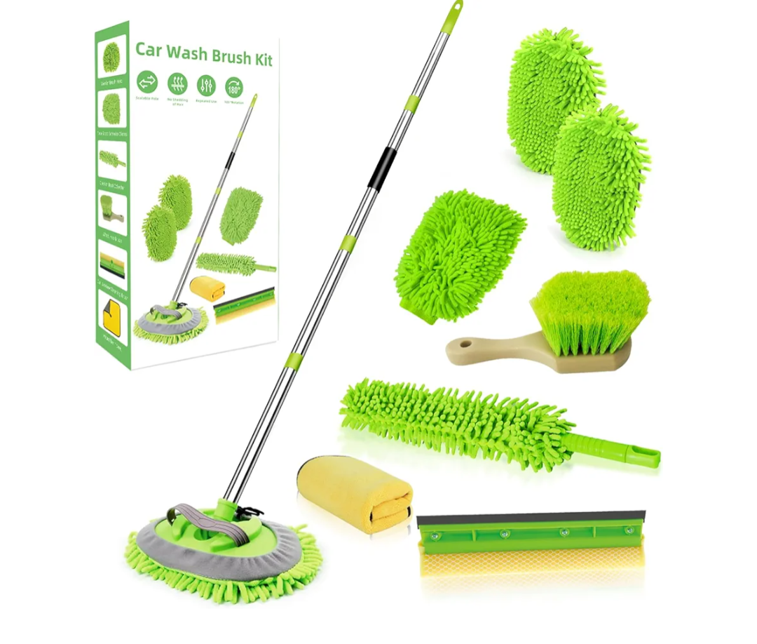 62" Car Wash Brush with Long Handle Chenille Microfiber Car Wash Mop Mitt, Wheel Brush, Windshield Window Squeegee, Car Duster Microfiber Towel, Gloves, for Cleaning Cars, RV, Truck, Boat