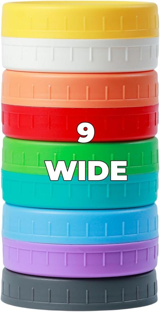 9 Wide Mouth Mason Jar Lids with Silicone Ring,Thickened Leak-proof Lids Fit Ball,Kerr and More, 9 Color Plastic Lids, 86mm Plastic Mason Jar Lids