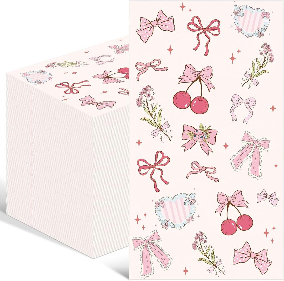 Pajean 100 Pcs Pink Bow Napkins Paper Coquette Themed Party Supplies Cherry Bow Napkins Decorative Disposable Guest Towels for Bathroom Dinner Bachelorette Birthday Bridal Wedding Decor