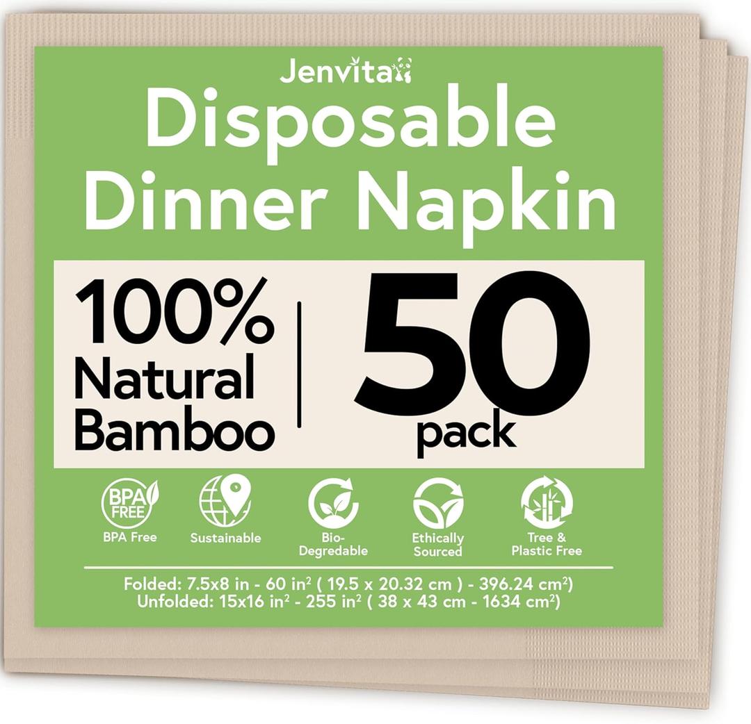 100% Bamboo Compostable Napkins (50-Pack) | Heavy Duty Napkins for Lunch, Dinner, Events, Occasions & Entertaining | Eco Friendly | 3-Ply FSC Certified | Bamboo Paper Towels | 7.5 x 8 Inch