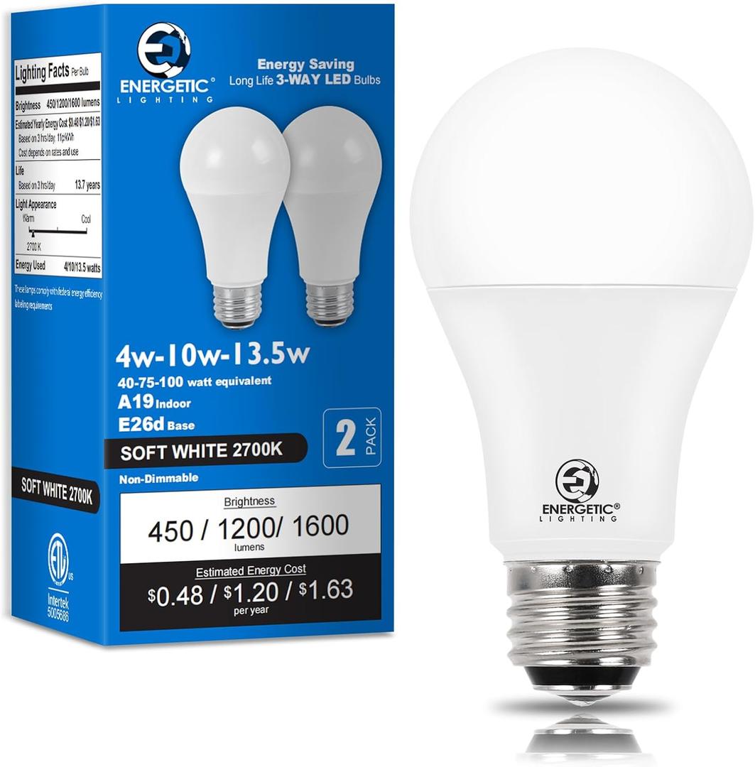 E ENERGETIC LIGHTING 3 Way Light Bulbs 40 75 100W Equivalent, Soft White 2700k 3 Way LED Light Bulb, 450-1200-1600lm A19 LED Bulb, E26 Base Three Way Light Bulbs for Reading, ETL Listed, 2-Pack