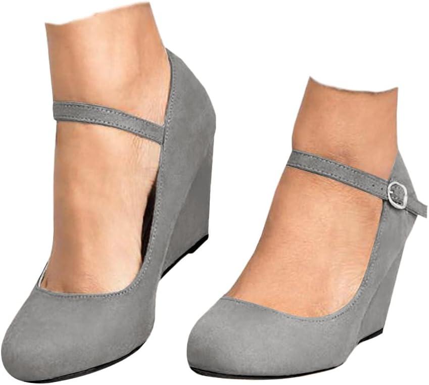 Coutgo Womens Wedge Pumps Dressy Mary Jane Shoes Comfort Wedges Closed Toe Ankle Strap Heeled Shoes (10, Grey)