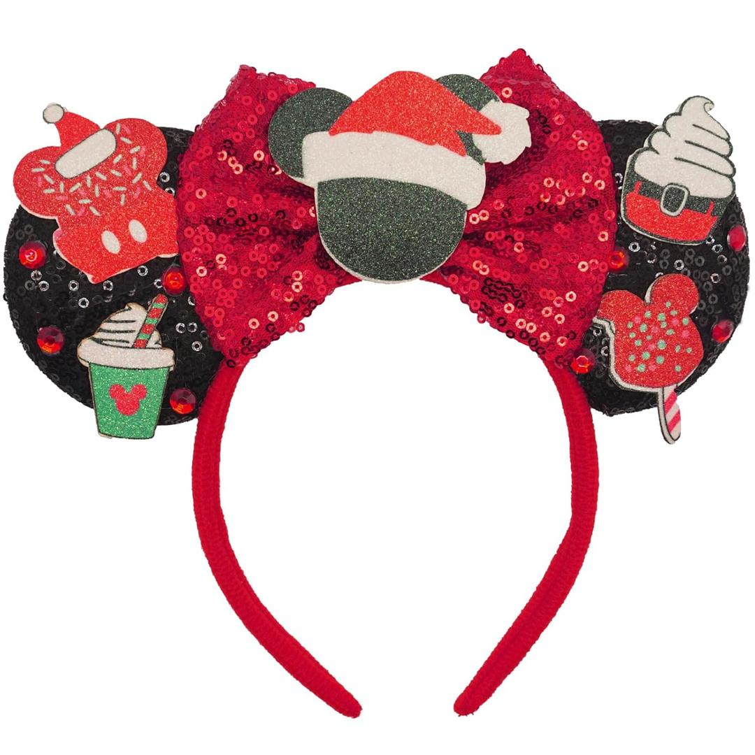 ZHENNAN Christmas Bow Ear Headbands for Women Girls, Glitter Merry Christmas Costume Hairbands Gifts Cute Dessert Hair Accessory