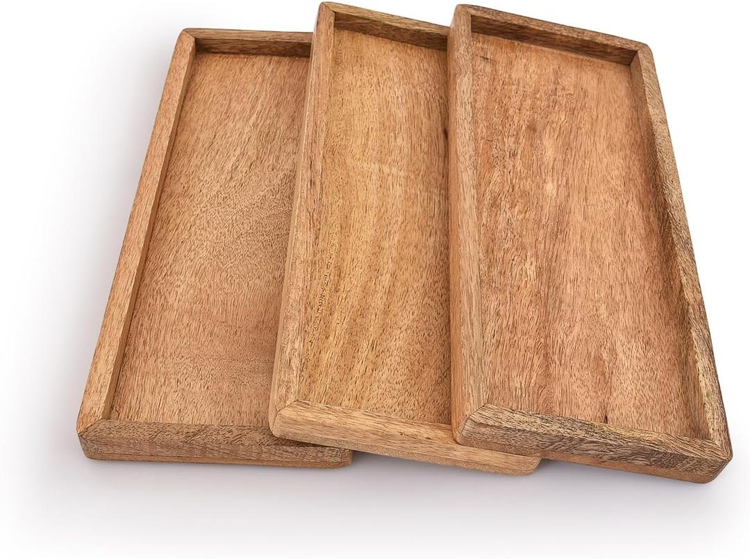 Samhita Mango Wood Serving Platter with Raised Edge -Set of 3 for Display Fruit Snacks Appetizer Sushi Food Decorative (12" x 5" x 0.75")