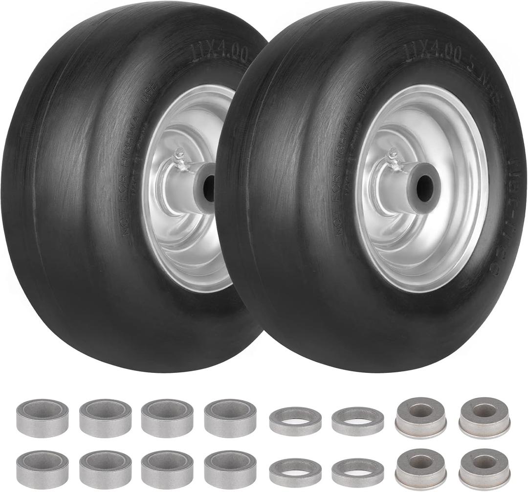 11x4.00-5 Flat Free Solid Tubeless Tire w/Silvery Steel Rim Fits Zero Turn Mowers, 3.4"-4"-4.5"-5" Centered Hub, Bore ID: 3/4" or 5/8", Come with Universal Adapter Kit, Set of 2