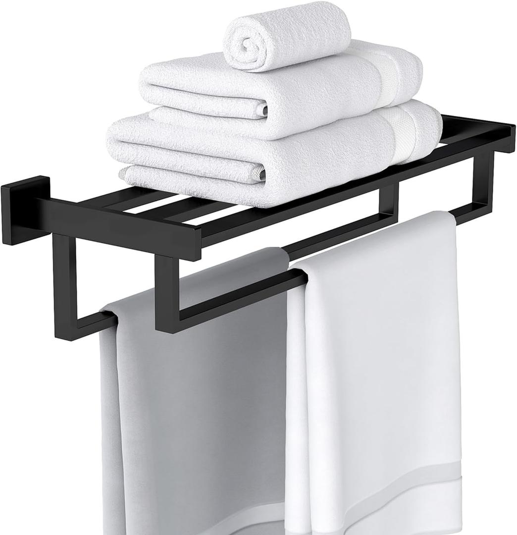 Bathroom Towel Rack with Double Towel Bar, 24 Inch Towel Racks for Bathroom Wall Mounted, Hand Towel Hanger Stainless Steel Towel Shelf Rack Bathroom Towel Storage, Black