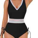 Womens One Piece Swimsuit Color Block Drawstring Swimwear Deep V Neck Tummy Control Bathing Suit (Black, XL)