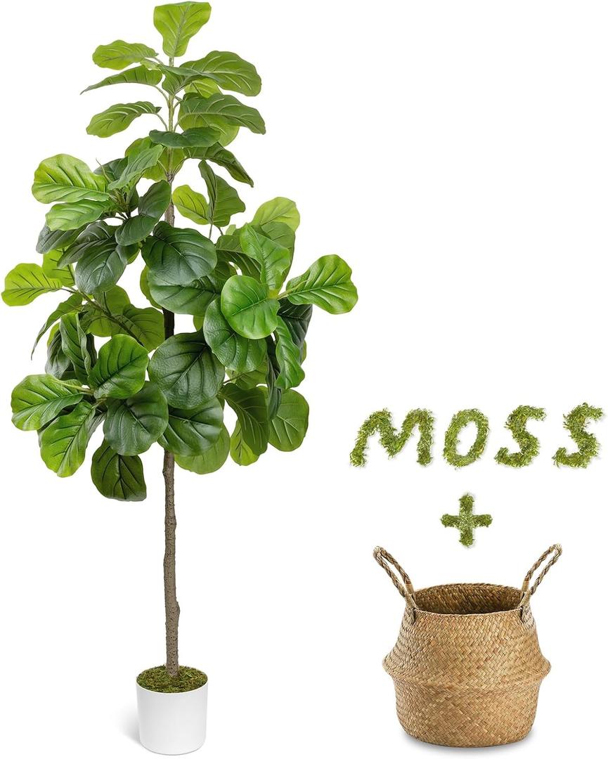 6FT Artificial Fiddle Leaf Fig Tree - Tall Fake Tree with White Planter&Seagrass Basket, Large Faux Ficus Lyrata Tree Floor Plants for Indoor Home Decor Office Living Room Housewarming Gift