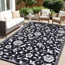 OLANLY Waterproof Outdoor Rug 8x10 ft, Outdoor Plastic Straw Rug with Flower Pattern, Reversible RV Mat for Patio, Camping, Balcony, Deck, Backyard, Black & White