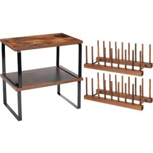 Marsui 4 Pcs Kitchen Organizer Accessories Set Cabinet Organizer Shelf and Bamboo Dish Drying Plate Rack Counter Shelves Storage Holder for Spice Rack, Dish, Pot Lid, Bowl, Cup (Deep Color)