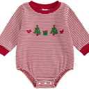 ZAXARRA Baby Christmas Sweatshirt Romper Striped Waffle Knit Jumpsuit Christmas Tree Embroidery Cute Boy Girl Holiday Outfit 3-6M