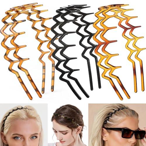 Supgoodom 6 PCS Zig Zag Headbands Plastic Wavy Hair Head Band Comb with Teeth Hoop Accessories for Women Men Girls, Classic Black&Retro Leopard