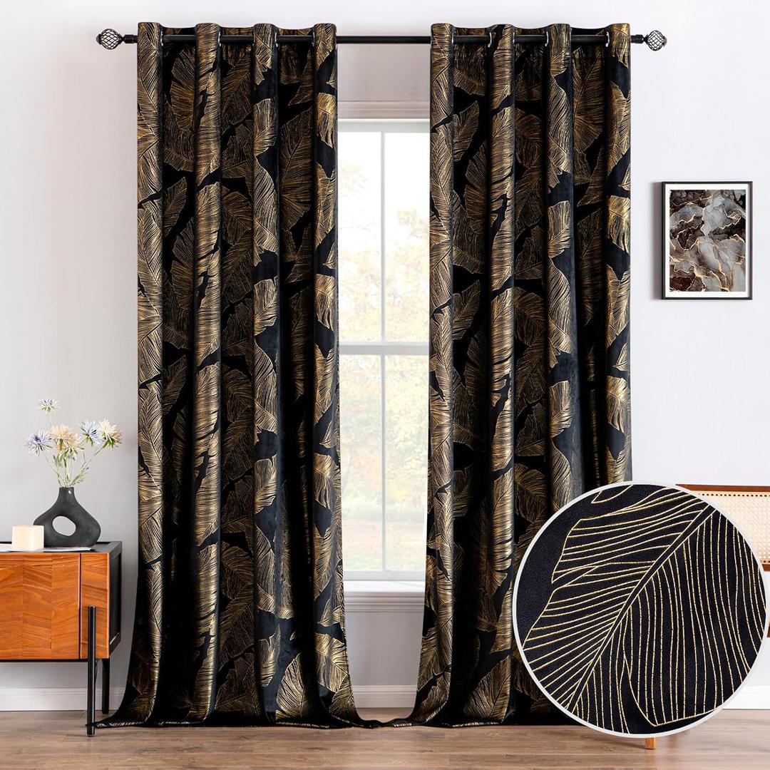 MIULEE Black Velvet Blackout Curtains 84 Inches Long 2 Panels Set, Gold Leaf Patterned Printed Curtains for Bedroom Living Room Soft Room Darkening Thermal Insulated Grommet Luxury Window Drapes