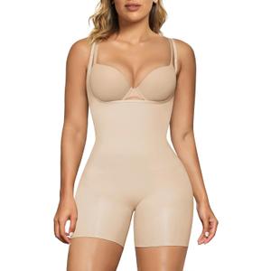 SHAPERX Open Bust Shapewear Tummy Control Bodysuits for Women Seamless Compression High Waisted Body Shaper (XX-Small-X-Small, Beige(shorts))