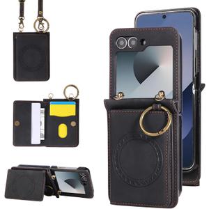Compatible with Samsung Galaxy Z Flip 5 5G 2023 Wallet Case and Crossbody Shoulder Strap Ring Buckle Stand Card Holder Magnetic Car Mount Phone Cover for ZFlip5 Z5 G Flip5 ZFlip 5Z Women Men Black