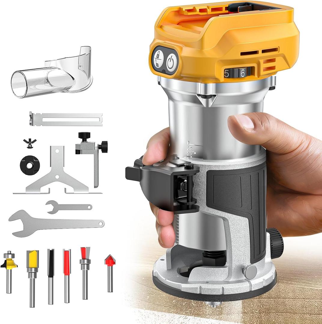 Cordless Compact Router Compatible with DeWalt 20V Battery (Bare Tool), 6 Variable Speeds Router Tool for Woodworking, 800W Fixed Base Wood Router