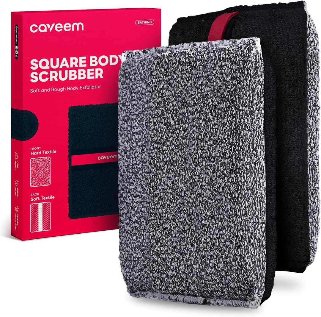 Caveem Exfoliating Body Scrubber, Large Bath and Body Scrub Buffer, Dual Texture Body Exfoliator for Remove Dead Skin, Soft and Rough Lightweight Square Sponge for Shower (2 Pack)