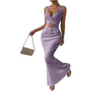 SOLY HUX Women's Two Piece Outfits Twist Front Halter Cami Tops and Skirt Summer Set (Purple, XL)