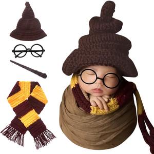 Newborn Photography Props Halloween Wizard Witch Hat Scarf Wand Glasses Frame 4 PCS Set Crochet Baby Photo Prop Halloween Baby Photoshoot Props Halloween Magic Party Cosplay Set