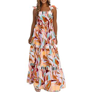 AlvaQ Women's 2025 Summer Sleeveless Floral Print Maxi Dress Strap Square Neck Beach Sun Dress (XL)