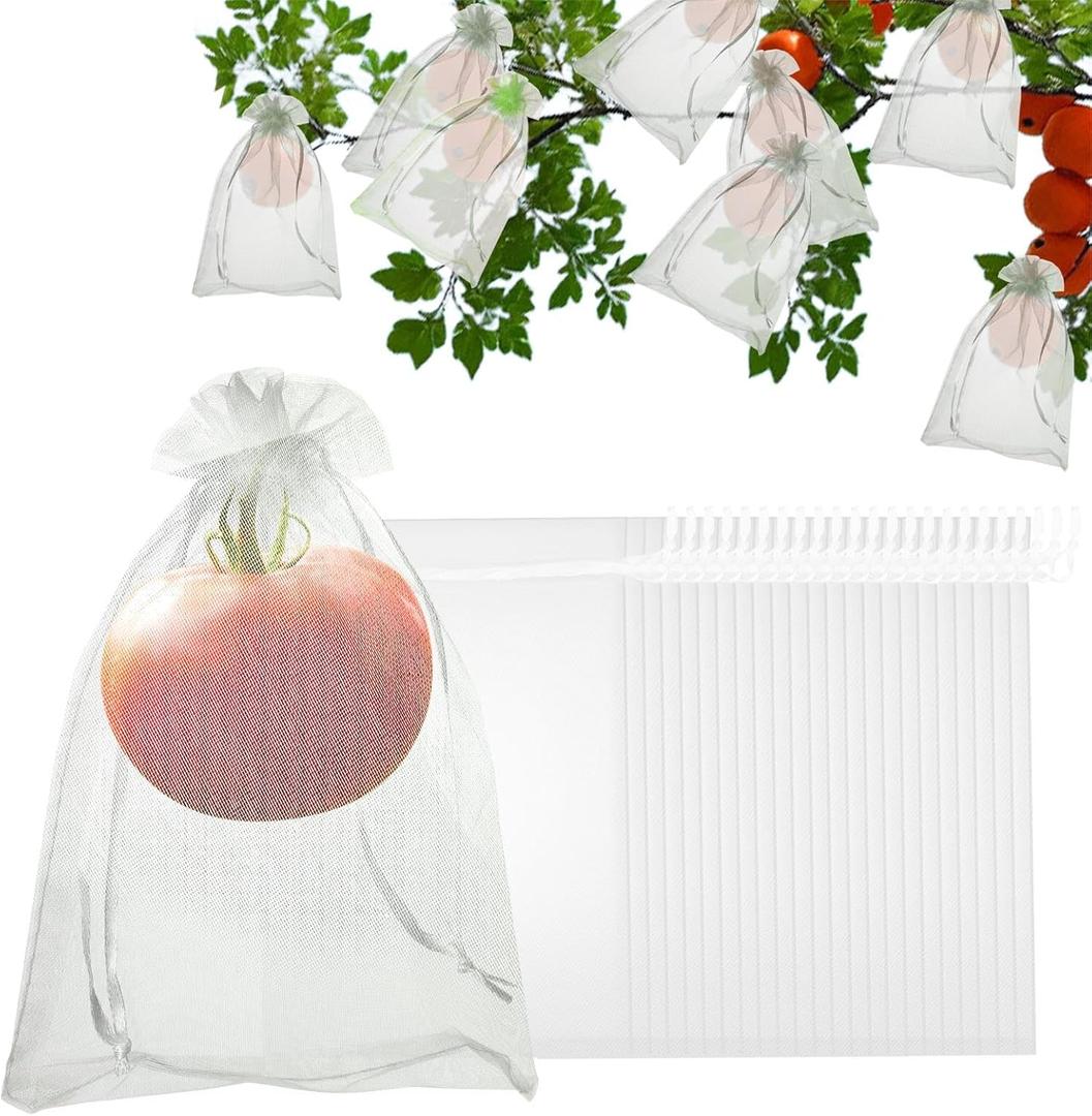100 Pcs Fruit Protective Bags, 6"x9" Garden Netting White Fruit Bags for Fruit Trees, Bird Netting Deer Netting Mesh Bag Drawstring, Green Bags for Produce Mango Tree Apple Tree Plant Flower