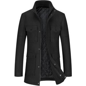 SOMTHRON Men's Wool Blend Trench Coat Stand Collar Zip Up Mid Long Winter Quilted Lined Peacoat Overcoat with Pockets, 2XL