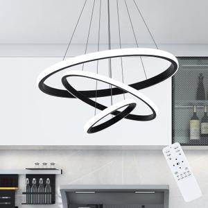Dimmable Modern LED Chandelier, 3 Rings Black Pendant Light with Remote, 3000K-6500K Adjustable, 40W Ceiling Light for for Dining Room, Living Room, Foyer, Entryway, Kitchen Island, Bedroom