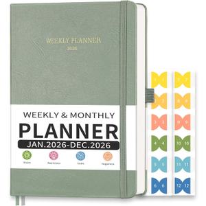 2026 Planner, Appointment Book, Hourly, Daily, Weekly and Monthly, Jan 2026 - Dec 2026, Medium Size (5.7" x 8.3"), 2026 Calendar, Leather Hardcover, 12 Self-Adhesive Monthly Tabs (Light Green)