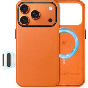 SHIELDON Genuine Leather Case for iPhone 17 Pro 6.3 Inch 2025 | Compatible with Magsafe, Updated Camera Button, Magnetic Wireless Charging, Anti-Scratch, Shockproof, Protective Phone Cover - Orange