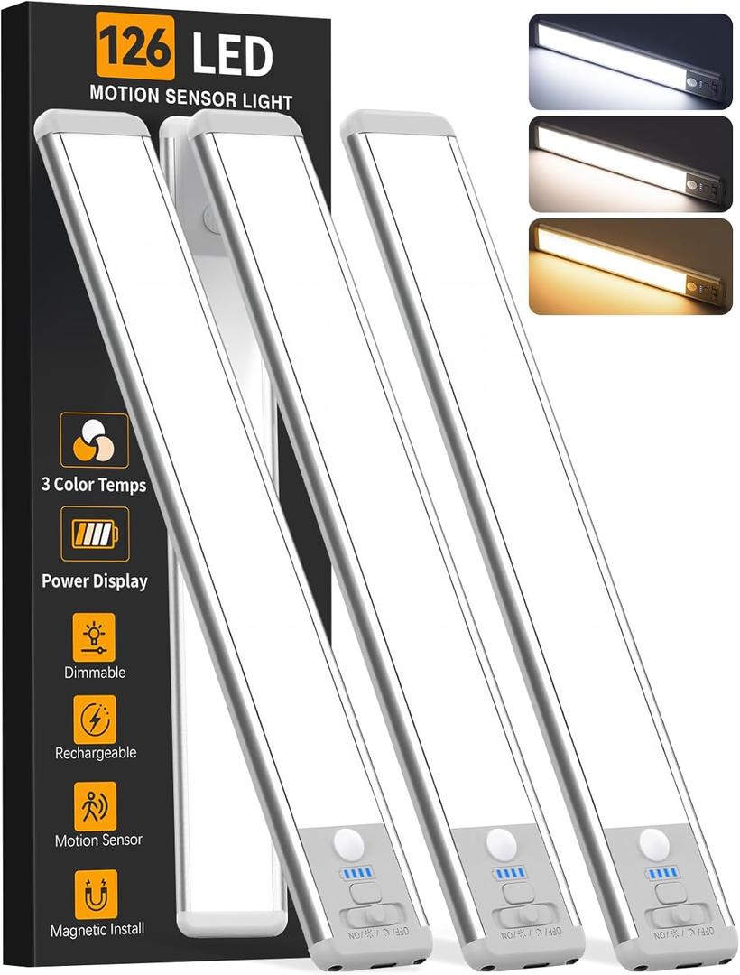 Under Cabinet Lighting Wireless, 15inch Rechargeable Motion Sensor Light Indoor, 3 Color Closet Light Battery Operated with LED Power Display, Magnetic Under Counter Lights for Kitchen, Home (3Pack) (Silver)