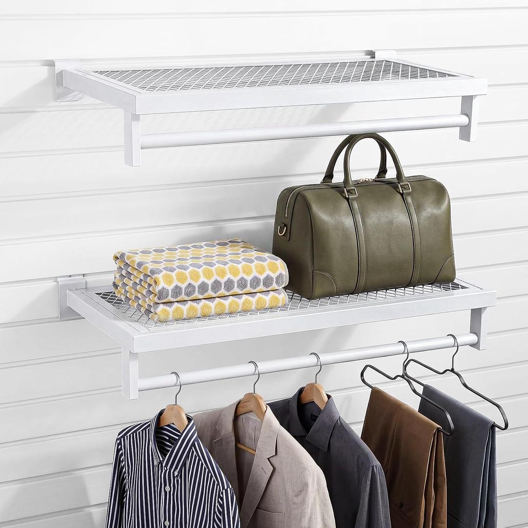2 Pcs White Slatwall Shelf Clothes Rack with Grid Shelf with Metal Mesh Rectangular Tubing U Shaped Handrail Hanger Slatwall Shelving Organizer Accessories for Home Room Garage Retail Display, 23.6 x 11.8 inches