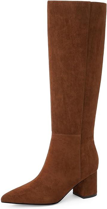 Easyfox Knee High Boots for Women Chunky Heel Pointed Toe Boots Side Zipper Long Boots (6, Brown)
