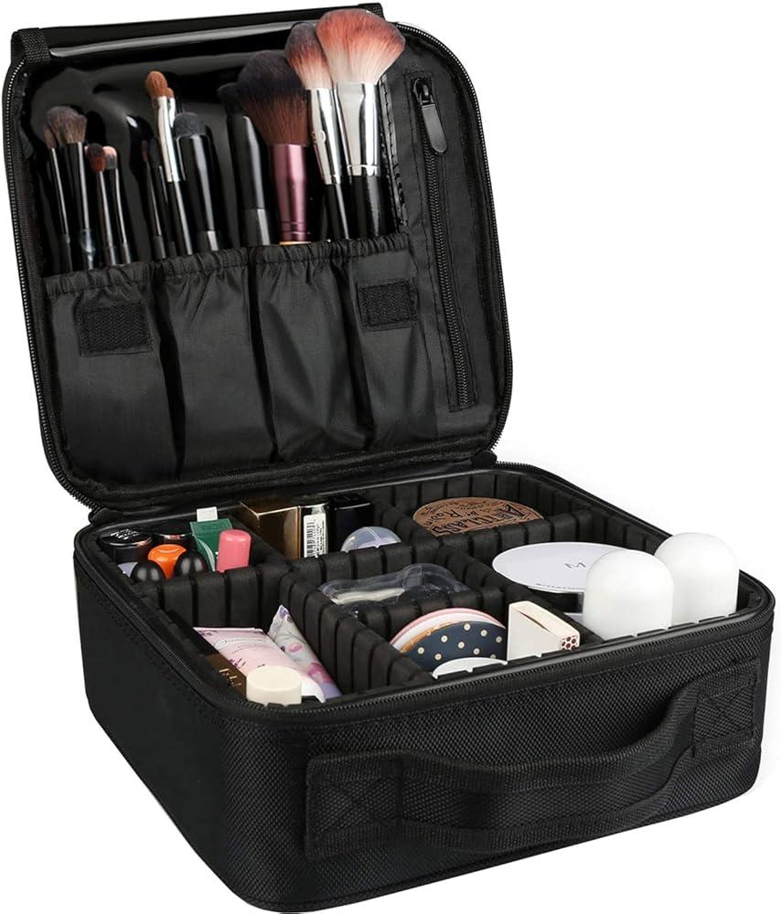 Travel Makeup Train Case Makeup Cosmetic Case Organizer Portable Artist Storage Bag with Adjustable Dividers for Cosmetics Makeup Brushes Toiletry Jewelry Digital Accessories Black
