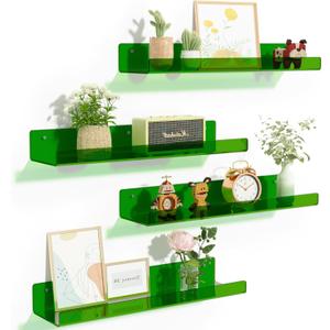 upsimples Acrylic Shelves for Wall Decor, 15" Display Shelf Perfume Organizer for Bathroom, Bedroom, Living Room, Floating Bookshelves for Kids, Clear Green, 4 Pack