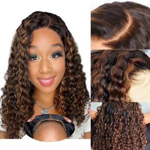 55 Closure Bob Wig Human Hair Glueless Wigs Human Hair Pre Plucked Pre Cut Short Curly Hair Wig Water Wave C Part Balayage Ombre Lace Frontal Wigs for Black Women P1B/30 18 Inch