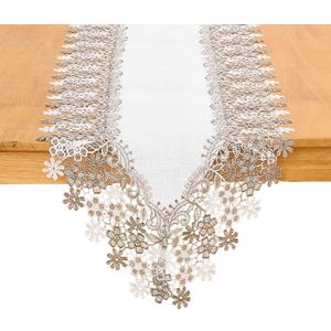 White Beige Floral Lace Table Runner Dresser Scarf 36 inches Long for Kitchen Dining Coffee Table Parties Wedding Home Decor (White, 16” x 36”)