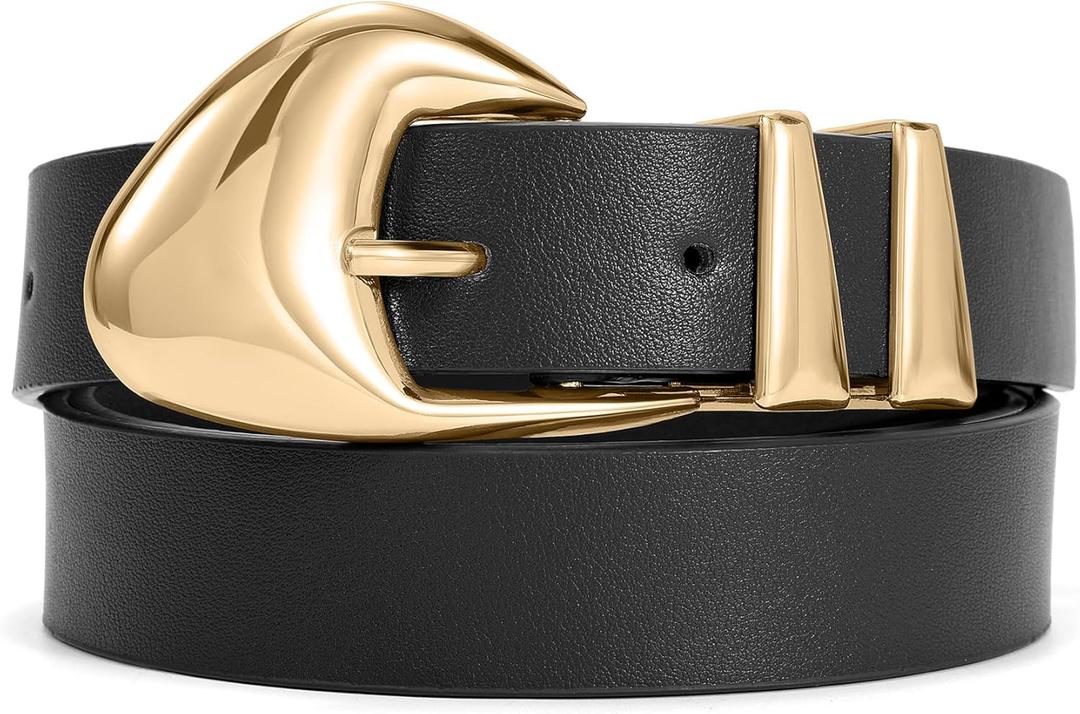 XZQTIVE Women's Leather Belts for Jeans Dress Pants Black Brown Belts for Women Ladies Waist Belts with Gold Buckle (Black)