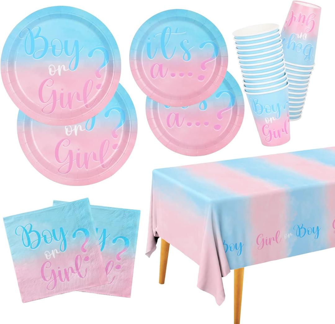 Baby Gender Reveal Party Supplies, Boy or Girl Disposable Paper Plates Napkins Cups Tablecloth for Baby Shower Decorations, Serve 25 Baby Gender Reveal Party Supplies, Boy or Girl Disposable Paper Plates Napkins Cups Tablecloth for Baby Shower Decorations, Serve 25