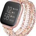 CAGOS Bracelet Compatible with Fitbit Versa 4 Bands/3/Sense/Sense 2 for Women, Handmade Beaded Elastic Replacement Wristband for Versa 2/1/Lite Watch/Special Edition Watch (Rose Gold)