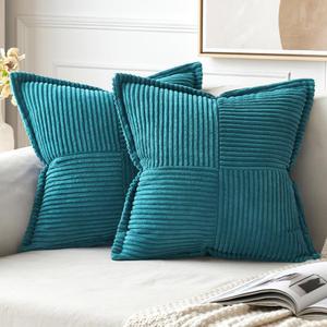MIULEE Teal Blue Corduroy Pillow Covers 18x18 Inch with Splicing Set of 2 Super Soft Boho Striped Pillow Covers Broadside Decorative Spring Textured Throw Pillows for Couch Cushion Bed Livingroom