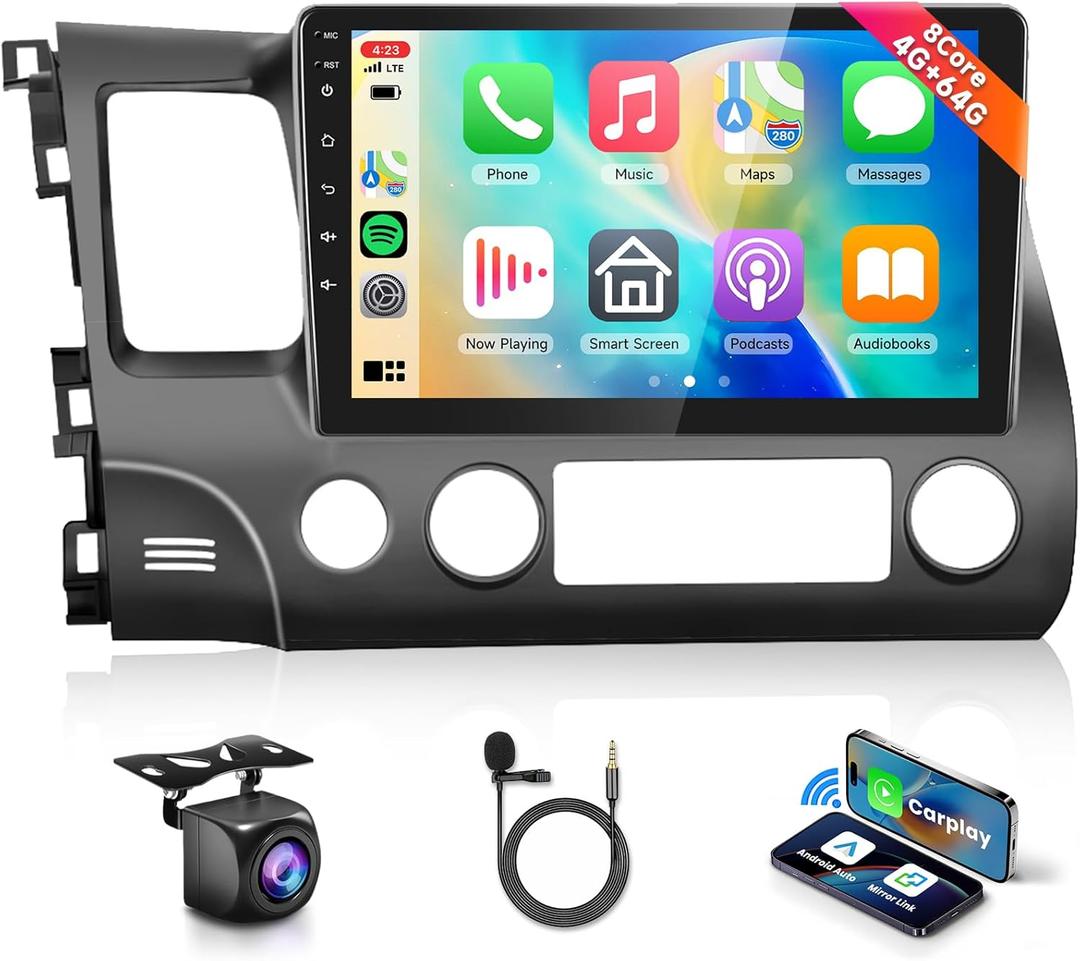8 CORE 4G+64G Car Radio Stereo for Honda Civic 2006-2011 with Wireless CarPlay/Android Auto, 10.1 Inch 1280 * 720P IPS Touch Screen Android 13 GPS WiFi Bluetooth 32-Band DSP HD Rear Camera