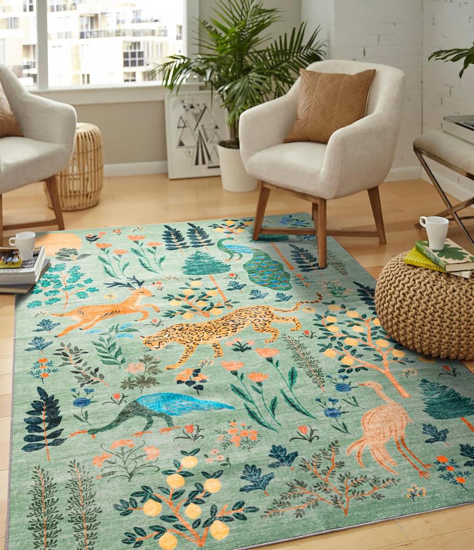 chakme Green Tiger Area Rug, 4x6FT, Modern Animal Print, Non Slip, Machine Washable, Stain Resistant, Low Pile, Rectangular, Indoor Use