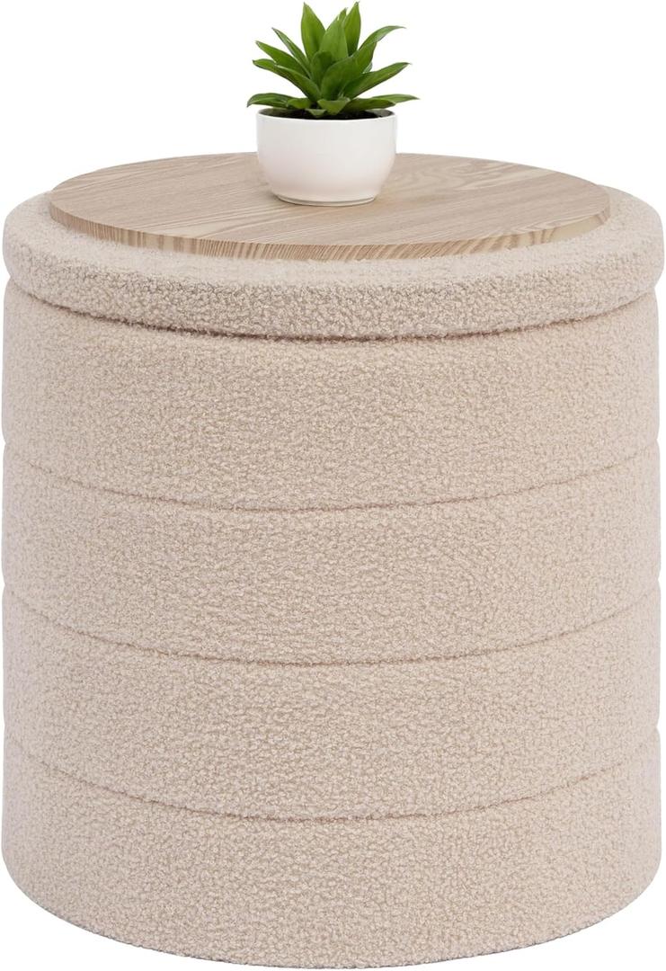 B FSOBEIIALEO Ottoman with Stroage, Round Sherpa Storage Ottoman Stool, Boucle Foot Rest 16.9"x16.9"x17.7"Beige